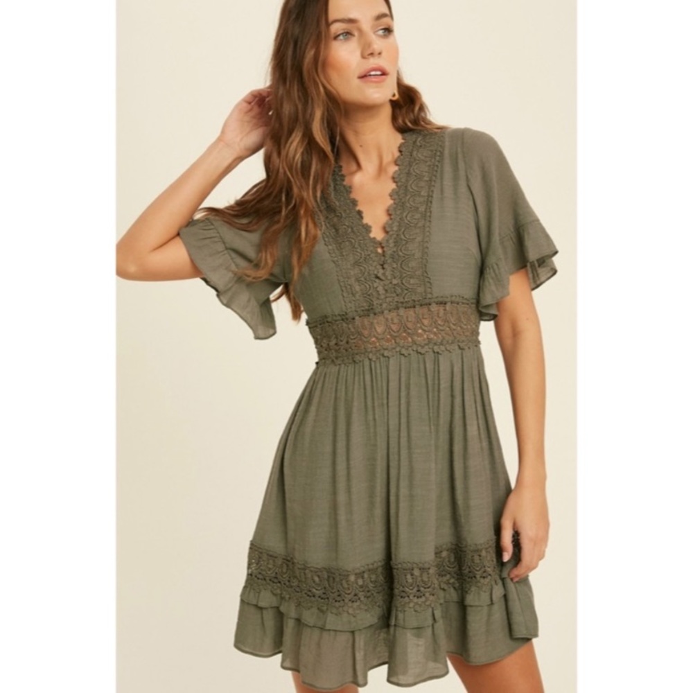 SOLD OUT Dainty Olive Green Bohemian Crochet Lace Trim Ruffle Short Mini Dress - Picture 2 of 3
